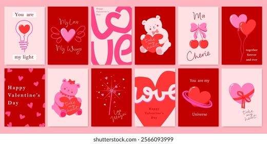 Happy Valentines Day cards set. Cartoon cute art design with hearts and typography. Bright colorful design. Holiday romantic cards, invitations, covers, post, message template.
