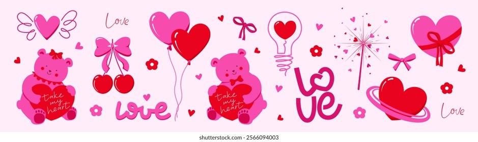 Happy Valentines Day cards set. Cartoon cute art design with hearts and typography. Bright colorful design. Holiday romantic cards, invitations, covers, post, message template.