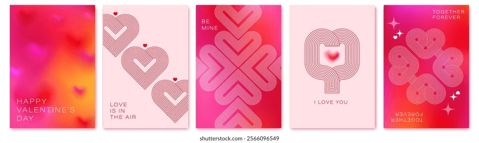 Happy Valentines Day cards set. Modern abstract art design with hearts. Bright colorful design. Cute holiday, invitations, covers, post, message template. Pink, red gradient mesh background.