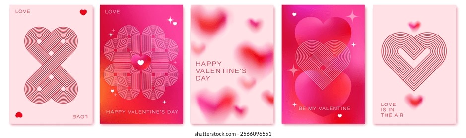 Happy Valentines Day cards set. Modern abstract art design with hearts. Bright colorful design. Cute holiday, invitations, covers, post, message template. Pink, red gradient mesh background.