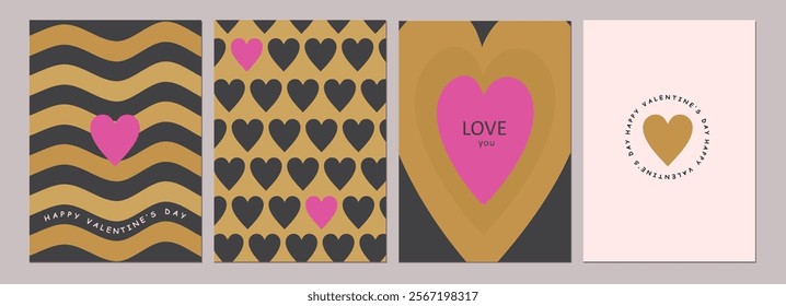 Happy Valentines Day cards set. Modern abstract art design with hearts and modern typography. Templates for celebration, ads, branding, banner, cover, label, poster, sales
