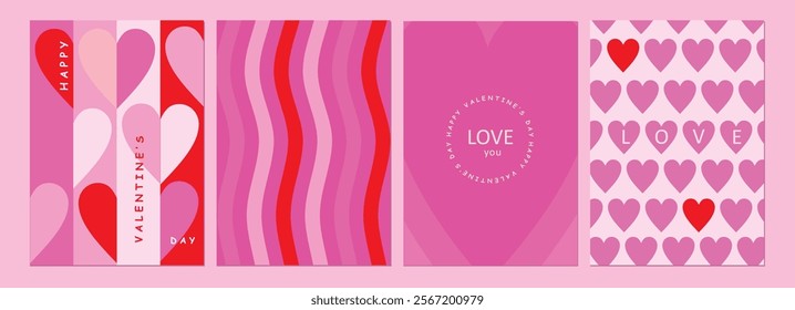 Happy Valentines Day cards set. Modern abstract art design with hearts and modern typography. Templates for celebration, ads, branding, banner, cover, label, poster, sales