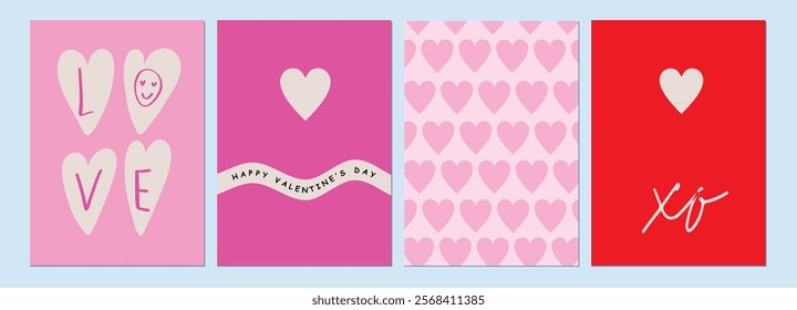 Happy Valentines Day cards set. Modern abstract art design with hearts and modern typography. Templates for celebration, ads, branding, banner, cover, label, poster, sales
