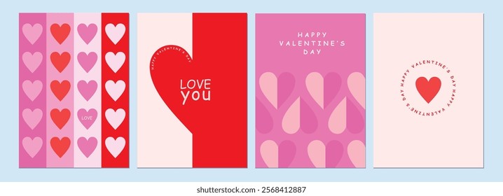 Happy Valentines Day cards set. Modern abstract art design with hearts and modern typography. Templates for celebration, ads, branding, banner, cover, label, poster, sales
