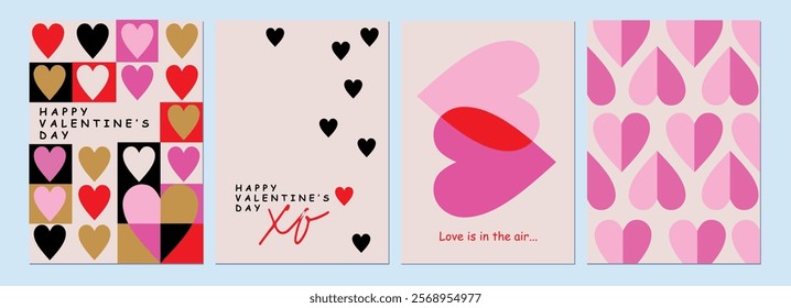 Happy Valentines Day cards set. Modern abstract art design with hearts and modern typography. Templates for celebration, ads, branding, banner, cover, label, poster, sales
