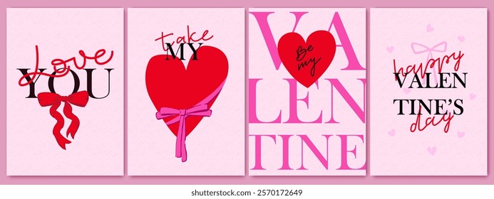 Happy Valentine's day cards set. Cartoon cute art design with hearts, bows, lettering. Bright colorful romantic design. Holiday romantic cards, invitations, covers, post, message template.