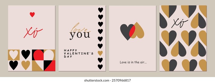 Happy Valentines Day cards set. Modern abstract art design with hearts and modern typography. Templates for celebration, ads, branding, banner, cover, label, poster, sales
