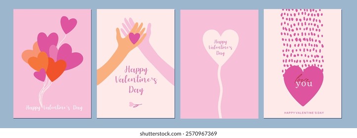 Happy Valentines Day cards set. Modern abstract art design with hearts and modern typography. Templates for celebration, ads, branding, banner, cover, label, poster, sale