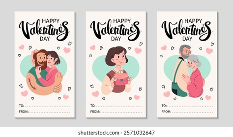 Happy Valentines Day cards set. Loving Couple hugging. Couple of elderly people. Girl with red envelope. Vertical greeting cards template. Hand drawn lettering. Place for text. Vector illustration.