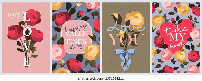 Happy Valentine's day cards set. Vintage  art chic design with roses, leaves, lettering. Bright colorful romantic design. Holiday romantic cards, invitations, covers, post, message template.