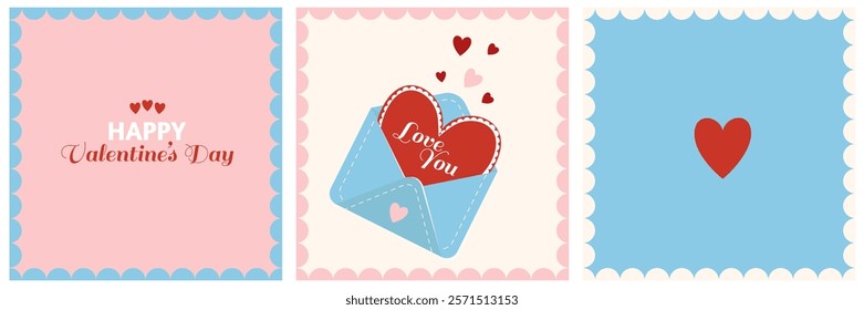 Happy Valentines Day cards set. Coquette retro cover and leaf. Cute poster with envelope, heart