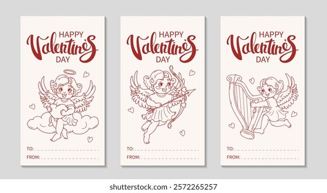 Happy Valentines Day cards set. Hand drawn doodle cupid with bow and arrow Background. Vertical greeting cards template. Hand drawn lettering. Place for text. Vector outline illustration.