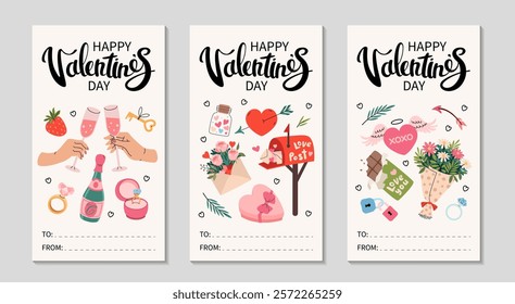 Happy Valentines Day cards set. Vertical greeting flyers with romantic elements. Red envelope, champagne, glasses, heart with wings, flowers. Hand drawn lettering. Place for text. Vector illustration.