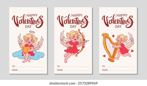 Happy Valentines Day cards set. Hand drawn doodle cupid with bow and arrow Background. Vertical greeting cards template. Hand drawn lettering. Place for text. Vector color illustration.