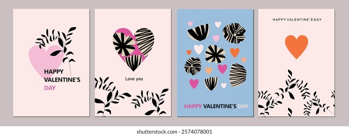 Happy Valentines Day cards set. Modern abstract art design with hearts and modern typography. Templates for celebration, ads, branding, banner, cover, label, poster, sales
