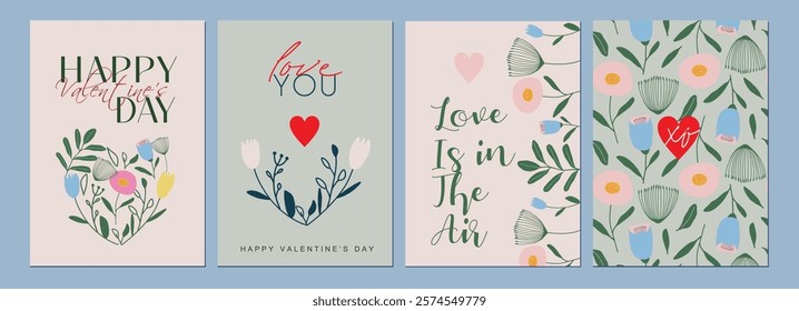 Happy Valentines Day cards set. Modern abstract art design with hearts and modern typography. Templates for celebration, ads, branding, banner, cover, label, poster, sales