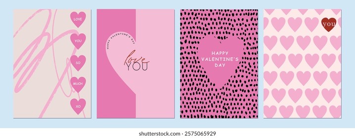 Happy Valentines Day cards set. Modern abstract art design with hearts and modern typography. Templates for celebration, ads, branding, banner, cover, label, poster, sales