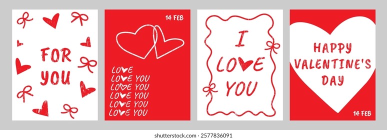 Happy Valentines Day Cards set with Worn Texture. Modern abstract Posters with Doodle Hearts and Bows. Vector Templates for celebration, ads, branding, banner, cover, poster, sales.