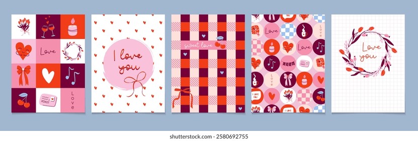 Happy Valentine's Day cards set. Romantic prints showcase messages of love. Modern abstract art design with cherry, hearts, bows, typography, perfect for any occasion. Hand drawn vector illustrations.