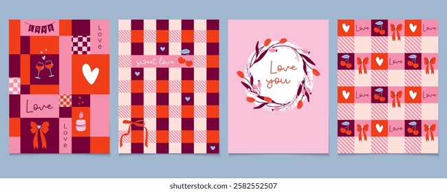 Happy Valentine's Day cards set. Vintage romantic banners. Geometric art design with cherry, hearts, bows, typography, perfect for any occasion. Hand drawn vector illustrations.