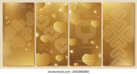 Happy Valentines Day cards set. Modern abstract art design with hearts. Bright colorful design. Cute holiday, invitations, covers, post, message template. Pink, red gradient mesh background.