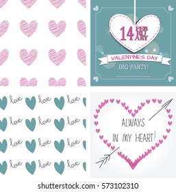 Happy valentines day cards. Set of love and romantic backgrounds. Collection of seamless patterns with white, blue, pink colors. Vector illustration.?emplate for wrapping, textile, web-design, poster