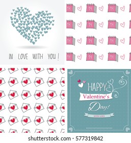 Happy valentines day cards. Set of love and romantic backgrounds. Collection of seamless patterns with white, pink, blue colors. Vector illustration. ?emplate for wrapping, textile, web-design, poster