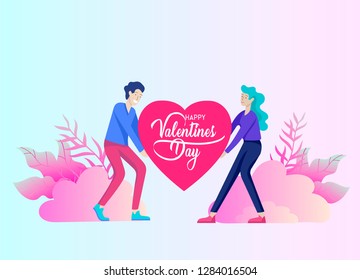 Happy Valentines day cards template with couple and people in love isolated in heart on a colorful abstract background, typography poster elements, festive composition design, vector illustration