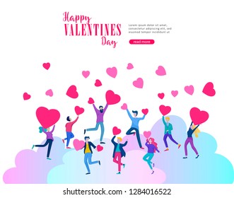 Happy Valentines day cards template with couple and people in love isolated in heart on a colorful abstract background, typography poster elements, festive composition design, vector illustration