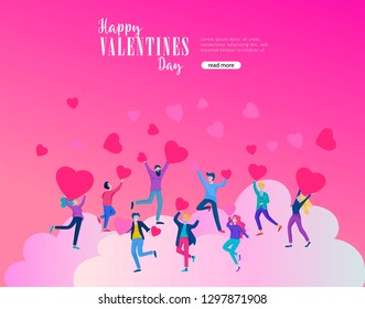 Happy Valentines day cards template with couple and people in love isolated in heart on a colorful abstract background, typography poster elements, festive composition design, vector illustration