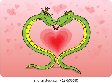 Happy valentines day cards with two funny snakes and hearts