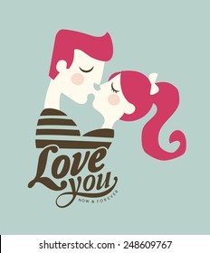 Happy Valentines day cards with young couple kissing 