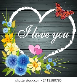 Happy Valentine's Day card.Vector illustration for Valentine's day with flowers, butterfly and text on wooden background.