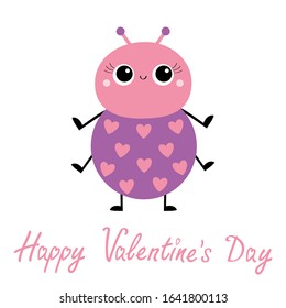 Happy Valentines Day. Cartoon beetle bug. Insect animal. Pink heart set. Cute kawaii smiling baby character. Lady bug. Ladybird. Education cards for kids. White background. Flat design. Vector