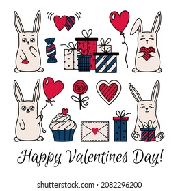 Happy Valentines Day Cartoon Bunny Set. Cute different Rabbits with Love Symbols - Red Hearts, Heart shape Balloon, Gifts, Sweets, Letter. Romantic Holiday collection of vector design element isolated