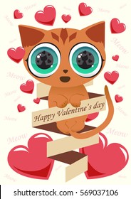 Happy Valentine's Day cartoon cat with tape and hearts