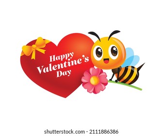 Happy Valentine's Day. Cartoon cute bee holds flower flying beside big love shape with ribbon. Valentine greeting on heart shape. 