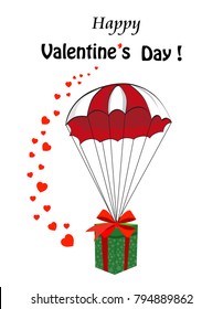 Happy  Valentine's day cartoon greeting card with  gift wrapped with bow falling down with red and white parachute and many cute hearts around. Cute greeting card for Valenines day.