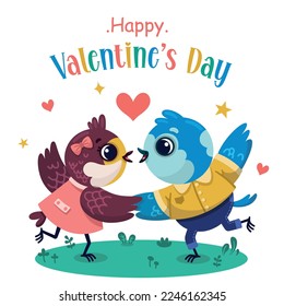 Happy Valentines Day.  Cartoon two bird couple are dancing. Cute bird characters in love with each other. Love greeting card. Sticker print. Isolated on White. Vector illustration.