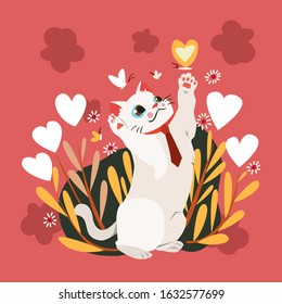 Happy Valentine's Day with cat catching butterfly on blossom, Valentines card and poster