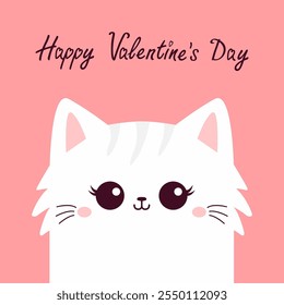 Happy Valentines Day. Cat face head. White fluffy kitten girl. Cute cartoon funny kitty character. Kawaii animal in love. Greeting card . Flat design. Pink background. Isolated. Vector illustration