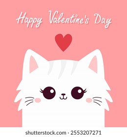 Happy Valentines Day. Cat face head. White fluffy kitten. Red heart. Cute cartoon funny kitty character. Kawaii animal in love. Greeting card . Flat design. Pink background. Vector illustration