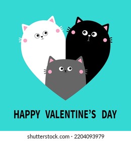 Happy Valentines day. Cat heart set. Mother, father, bay. Black White Yin Yang kitty kitten. Cute cartoon kawaii funny character. Couple family. Sticker template. Blue background. Flat design. Vector