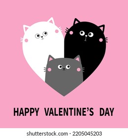 Feliz Día de San Valentín. El corazón del gato. Madre, padre, bahía. Gatito de gatito de Yin Yang blanco negro. Familia de pareja. Cuta caricatura kawaii personaje gracioso. Plantilla de pegatinas. Fondo rosa. Diseño plano. Vector