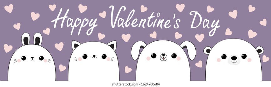 Happy Valentines Day. Cat kitten bear dog puppy rabbit hare face head set. Line contour silhouette. Cute cartoon kawaii funny baby animal Friends forever Flat design Love card Violet background Vector