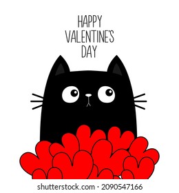 Happy Valentines Day. Cat kitten kitty holding red heart set bouquet. Cute cartoon kawaii funny animal. Greeting card, otebook cover, tshirt. Flat design. Love card. White background. Vector