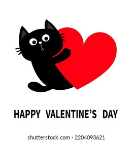 Happy Valentines Day. Cat kitten kitty head face holding big red heart. Cute cartoon kawaii funny animal character. Flat design. Love card. Sticker print. White background. Isolated. Vector