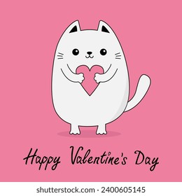 Happy Valentines Day. Cat kitten kitty holding pink heart. Contour line doodle. Funny head face. Cute cartoon kawaii animal character. Flat design. Love card. Pink background. Vector illustration