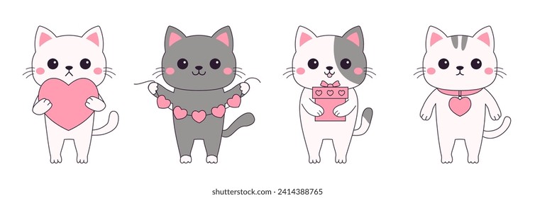 Happy Valentines Day. Cat kitten kitty set. Pink heart, garland, locket, gift box. Funny face. Contour line doodle. Cute cartoon kawaii animal character. Flat design. Love card White background Vector