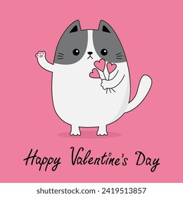 Happy Valentines Day. Cat kitten kitty holding pink heart stick bouquet. Contour line doodle. Funny face, paw print. Cute cartoon kawaii animal character. Flat design. Love card Pink background Vector